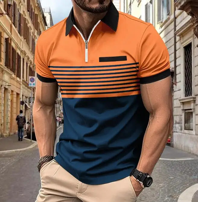 Custom Design Men's Zipper Collar T-shirts Printed Fashion Striped Business Casual Short Sleeve Polo Shirts