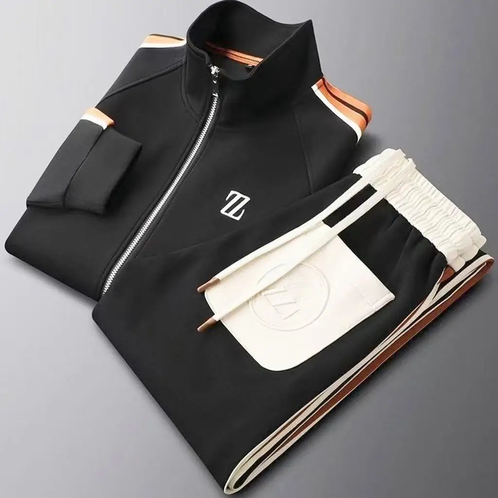 Men's Spring Solid Vertical Collar Casual Sports Suit Trendy Fashion Sportswear Long Sleeve Straight Pants Two-piece Set 100%