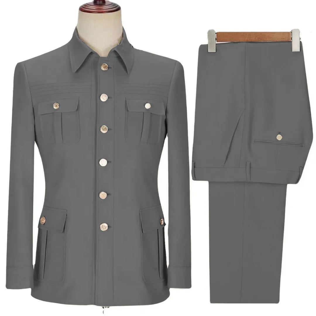 Asian sizes Solid Color Multi-Pocket Single Breasted Lapel Men's Zhongshan Collar Suit 2 Piece Set Sehe Fashion