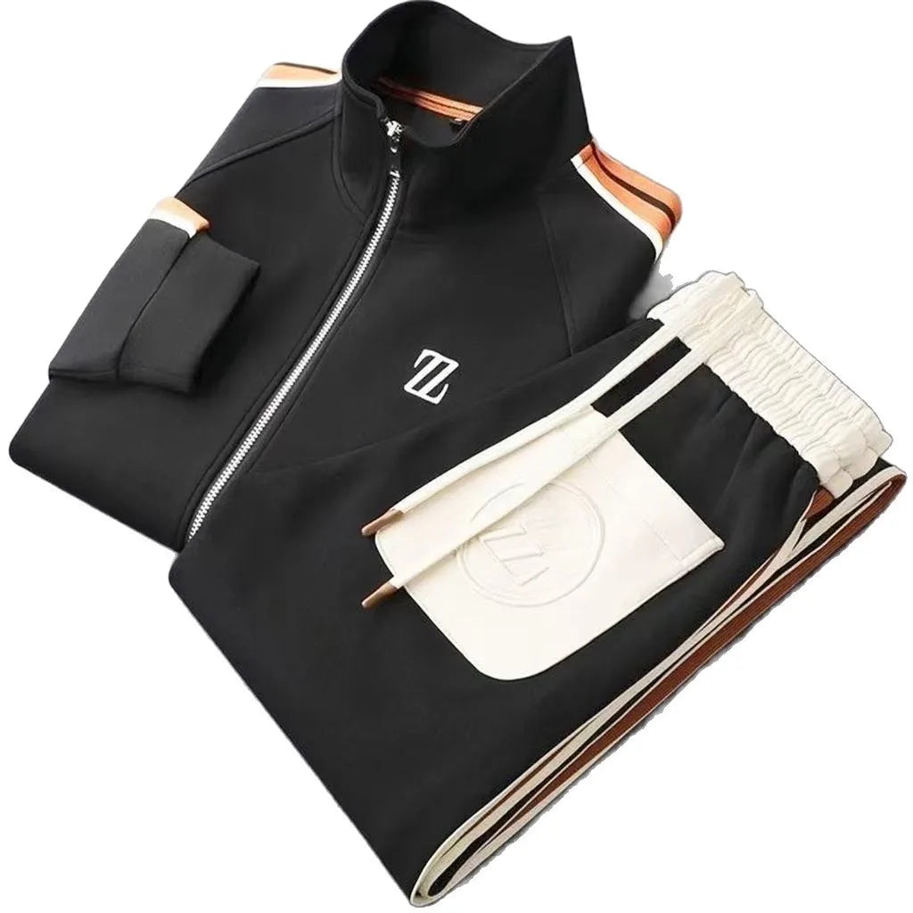 Men's Spring Solid Vertical Collar Casual Sports Suit Trendy Fashion Sportswear Long Sleeve Straight Pants Two-piece Set 100%