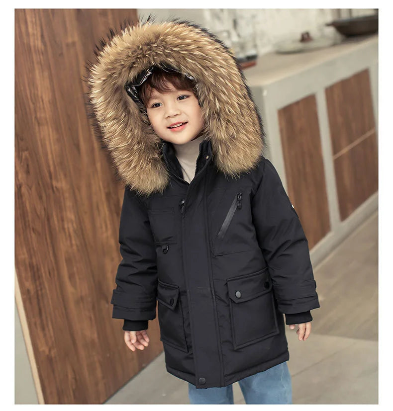 New Children Winter Down Jacket Boy Clothes Thick Warm Hooded Coat Kids Parka Real Fur Teen Clothing Outerwear Snowsuit 2-12 Yrs