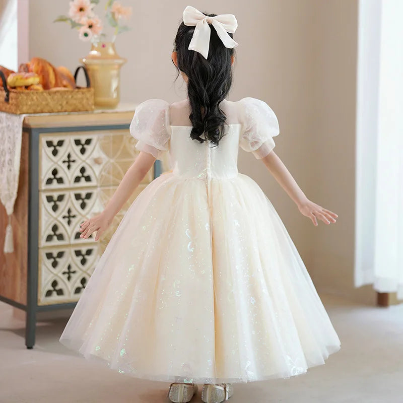 Elegant Princess Lace Dress Kids Flower Embroidery Dresses for Girls Vintage Children Dresses for Christmas Party Red Ball Gown
