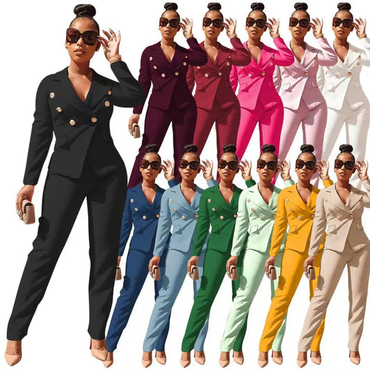 Ladies Sets Suit for the Office Lapel Double Breasted Women Jacket Straight Leg Trouser blazer Set Two Piece Women's Clothing