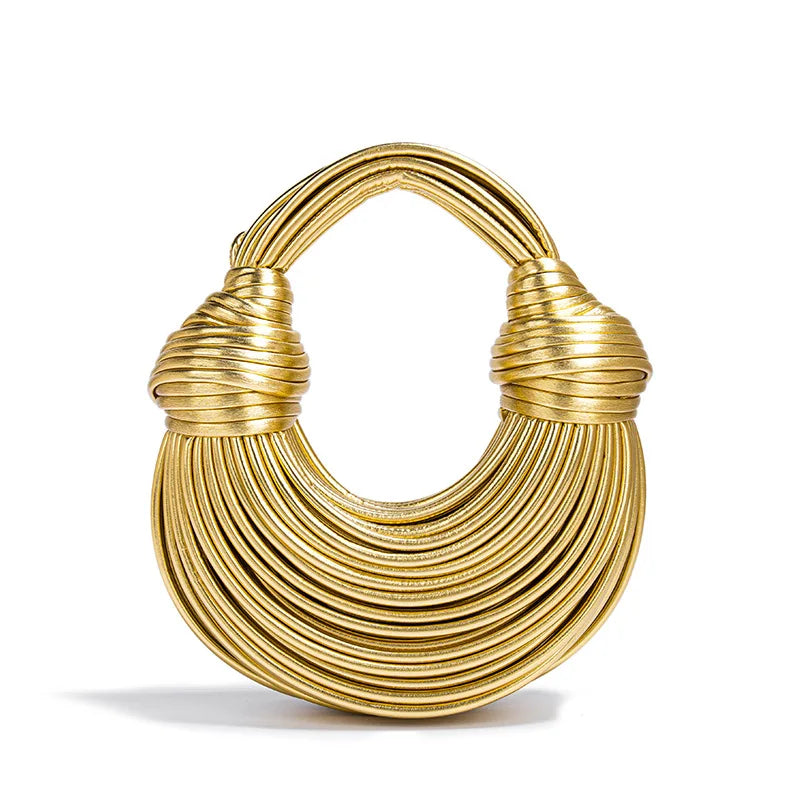 RTS Gold Crescent Handbag Unique Designer Bag Metallic Statement Purse Ladies Woven Handbag Shoulder Underarm Bag for Women