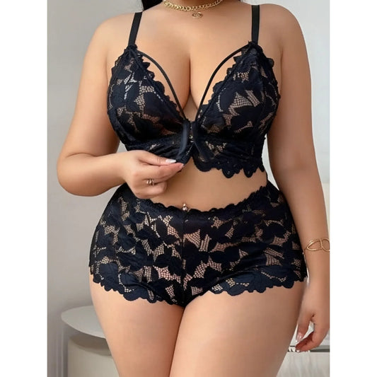 Women clothes Plus Size Sexy Lingerie Set Black Floral Lace High Waist For Honeymoon Night Delicate Lace Honeymoon Gift