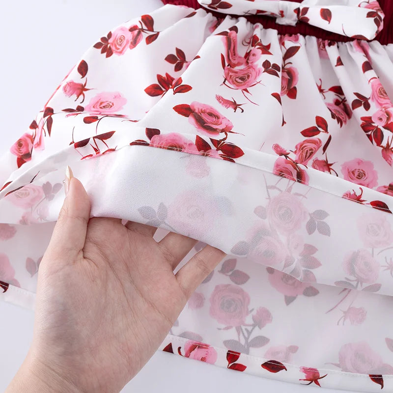 Toddler Girls Knee-Length Long Sleeve Floral Print Dress with Bow Ruffle Casual Soft Stretchy ODM Kids Clothes