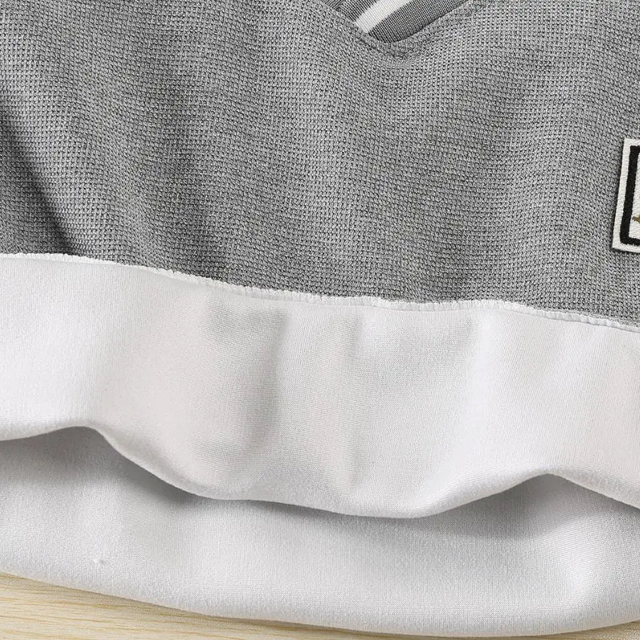 Boys Casual Pullover Sweatshirt Fake Two-Piece Design with White Collar and Gray Vest Panel Letter Patch Crew Neck Top for Kids