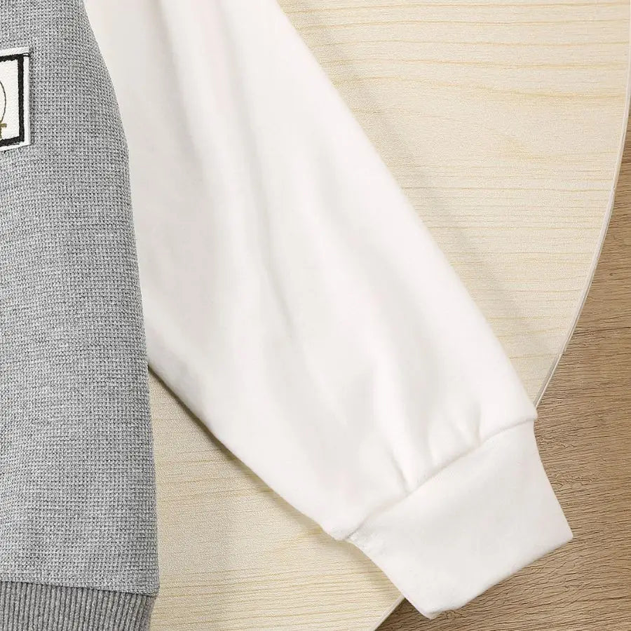Boys Casual Pullover Sweatshirt Fake Two-Piece Design with White Collar and Gray Vest Panel Letter Patch Crew Neck Top for Kids
