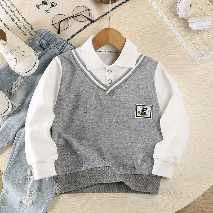 Boys Casual Pullover Sweatshirt Fake Two-Piece Design with White Collar and Gray Vest Panel Letter Patch Crew Neck Top for Kids