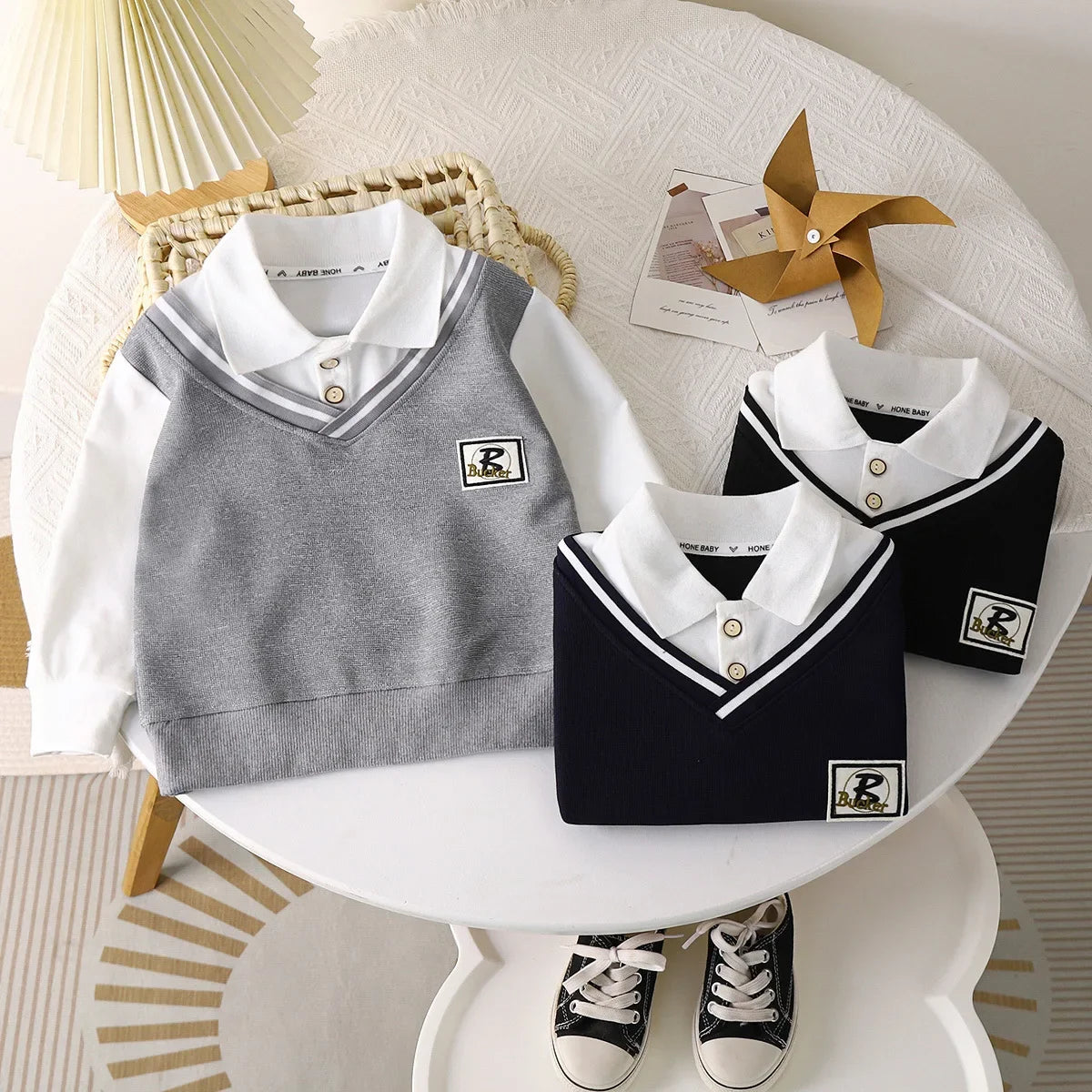 New 2024 Autumn Fashion Baby Boys Lapel Long Sleeve Fake two-piece Polo Shirt Kids Casual Sweatshrit Tops Clothing