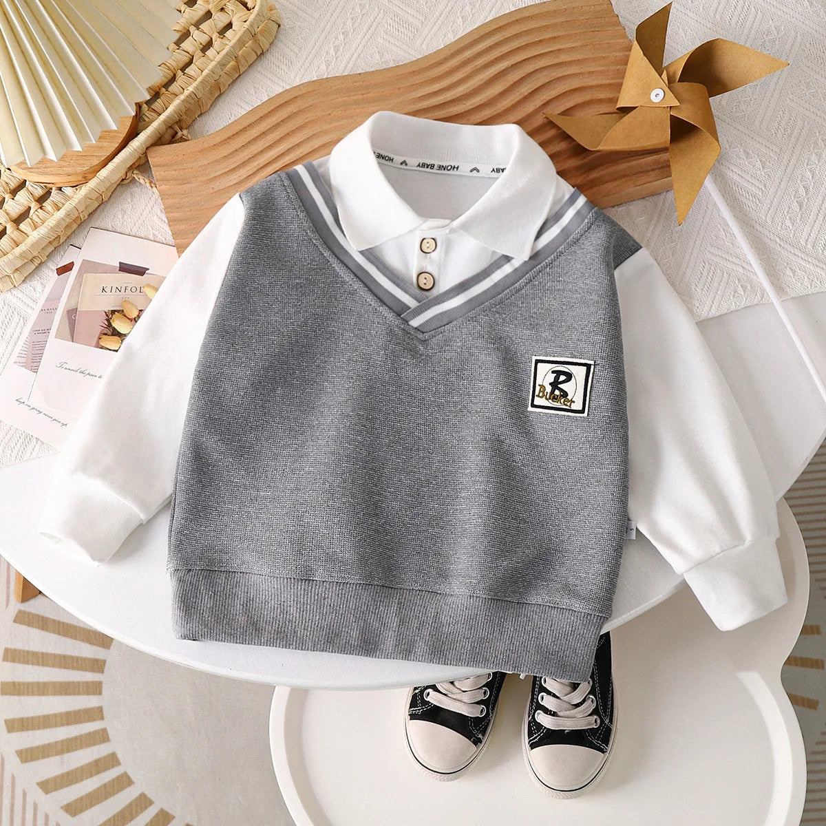 New 2024 Autumn Fashion Baby Boys Lapel Long Sleeve Fake two-piece Polo Shirt Kids Casual Sweatshrit Tops Clothing