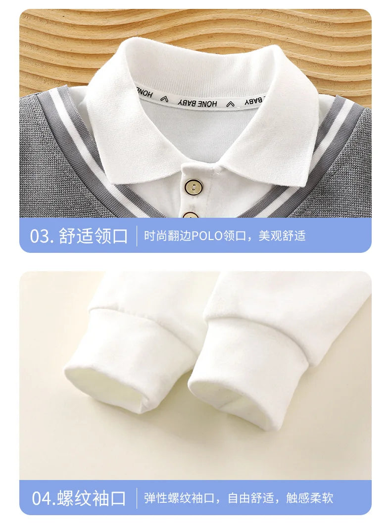 New 2024 Autumn Fashion Baby Boys Lapel Long Sleeve Fake two-piece Polo Shirt Kids Casual Sweatshrit Tops Clothing
