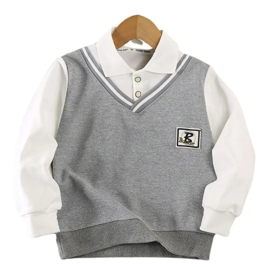 Boys Casual Pullover Sweatshirt Fake Two-Piece Design with White Collar and Gray Vest Panel Letter Patch Crew Neck Top for Kids
