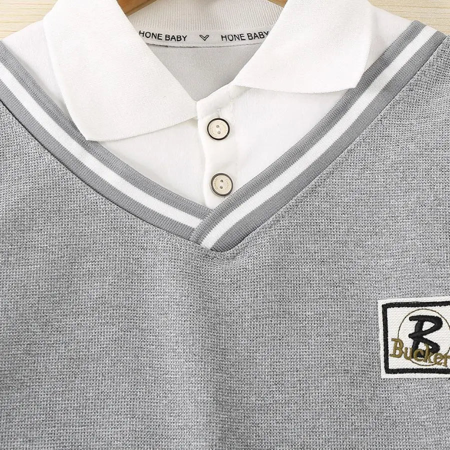 Boys Casual Pullover Sweatshirt Fake Two-Piece Design with White Collar and Gray Vest Panel Letter Patch Crew Neck Top for Kids