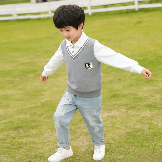 Boys Casual Pullover Sweatshirt Fake Two-Piece Design with White Collar and Gray Vest Panel Letter Patch Crew Neck Top for Kids